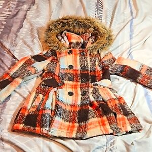Urban Republic Girls collection Plaid Hooded Coat Faux Fur Trim size 7